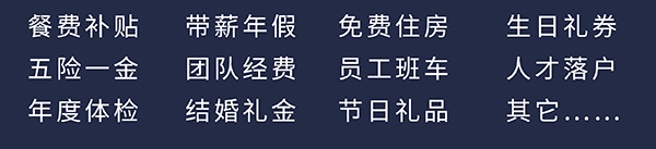 威客电竞员工福利：餐费津贴、五险一金、年度体检、带薪年假、团队经费、完婚礼金、免费住房、员工班车、节日礼物、生日礼券、人才落户、其它……